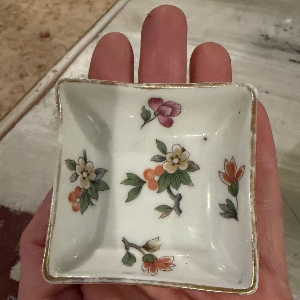 Limoges France Hand Painted Floral Square Pin Dish, White/Gold Porcelain 2.5 in